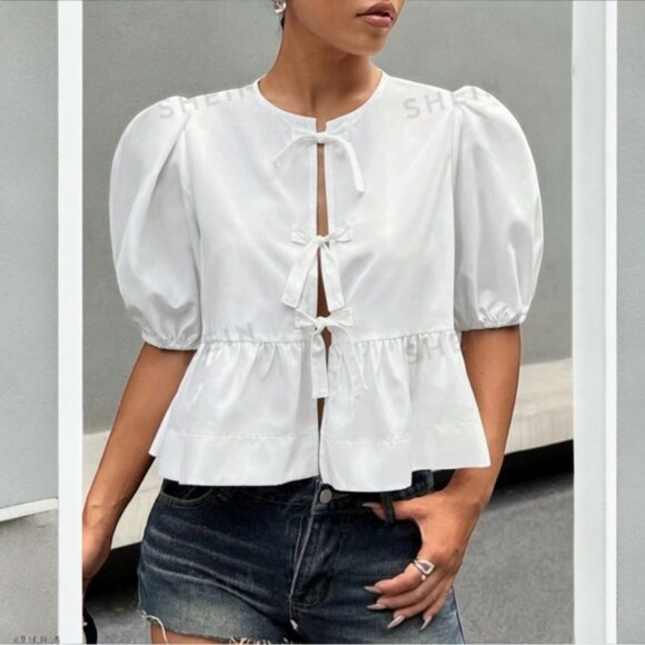 White Round Neck Tie Front Puff Sleeve Blouse - Picture 1 of 8